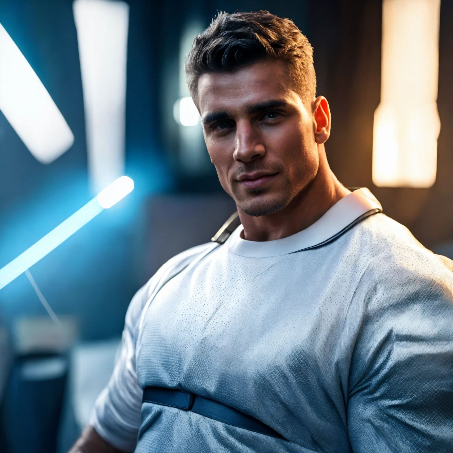 A handsome man with short hair, beautiful, detailed eyes, sharp nose, full lips, white skin, muscular and athletic body, wearing a white sci-fi costume with golden details, looking forward confidently, (best quality,8k, highres, masterpiece:1.2), ultra-detailed, (realistic, photorealistic:1.37), dynamic lighting, volumetric atmosphere, cinematic film still, RAW, HDR, DSLR,  Megapixels, 