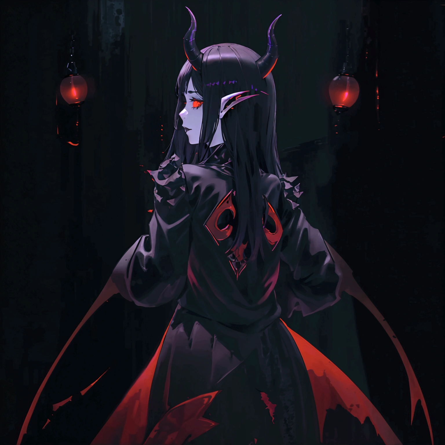 a gothic sexy succubus with long demon horns, has crimson red skin, wearing black leather bdsm gear, in a dark black room, has a feint aura, lit up from behind her