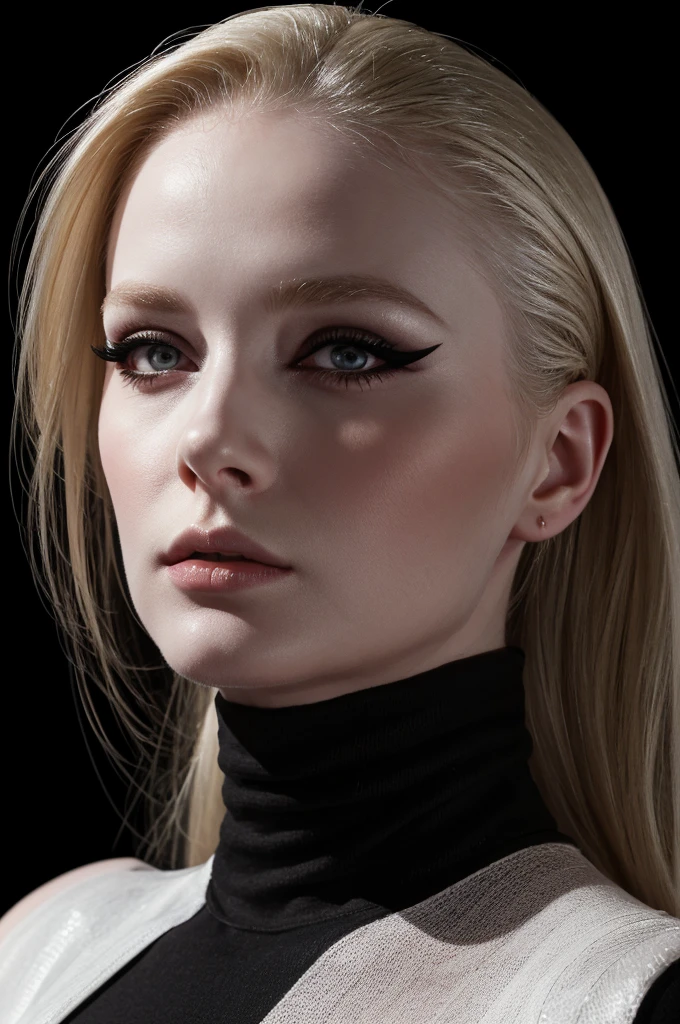 woman pretty, blonde, slicked back blonde hair , pale skin ,wearing black turtleneck, eyeliner ,portrait, foxy eyeliner , makeup ,pale woman painting, beautiful light deep focus, elegant, digital painting, smooth, dramatic lighting , 8k, art , black background,black background, black wallpaper