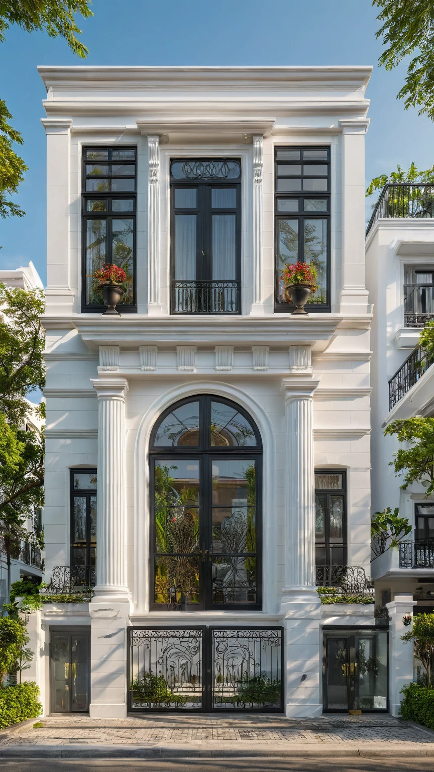 neo classical villa on street, (daylight), tropical tree, vivid colour, streetcapes, white tone, black detail, white wall, large glass door, warm interior lighting, best quality, masterpiece, ultra realistic
