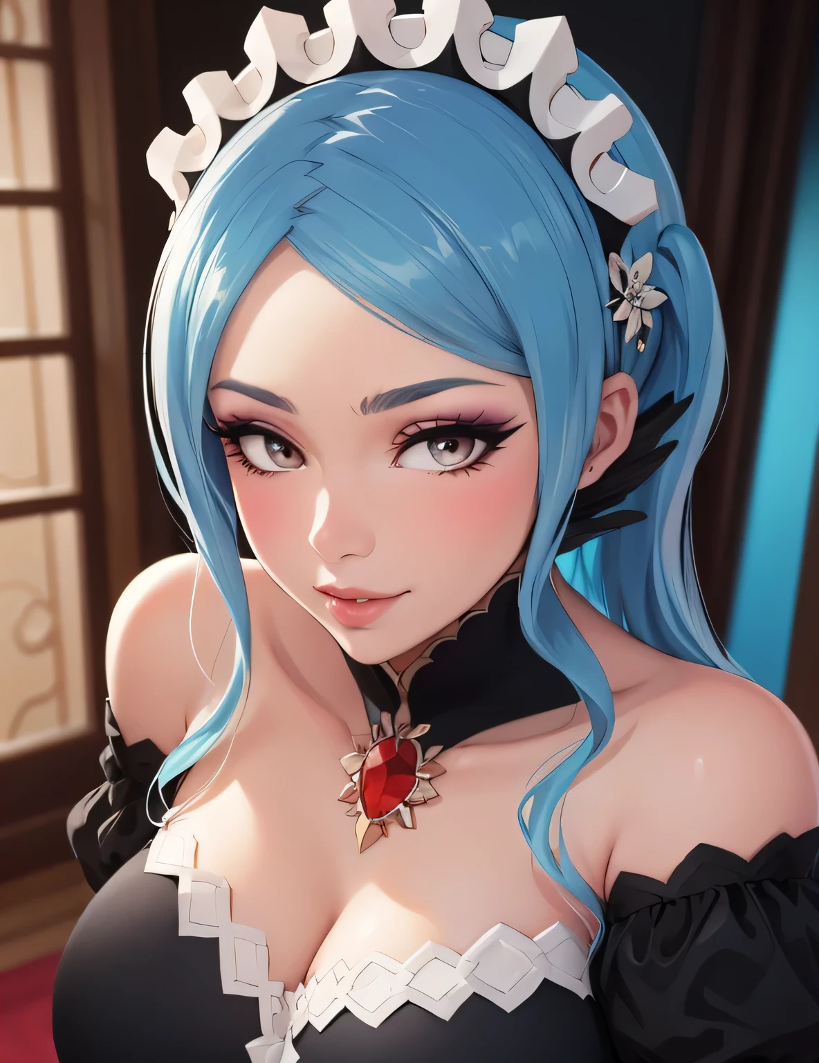 feflora, red gem, maid headdress, maid outfit, maid headdress, maid outfit, white apron, white apron, black thighhighs, high heels, skirt, light blue hair, (masterpiece, best quality, 8k, HD, ultra-detailed), realistic style, garden 2.0, looking at viewer 2.0, blushing, beautiful eyes, facing camera 2.0, face shot 2.0, face shot 2.0, face shot 2.0, close up shot 2.0, very sexy smile 2.0, very luscious lips 2.0, facing camera 2.0, very heavy eyeshadow 2.0, very heavy makeup 2.0, very thick lips 2.0, very glossy lips 2.0, very pouty lips 2.0, lustrous skin 2.0, shiny skin 2.0, very beautiful 2.0, very curvy 2.0, very sexy 2.0, very thick 2.0, skindentation 2.0, very sexy smile 2.0, very luscious lips 2.0, face shot 2.0, facing camera 2.0, very heavy eyeshadow 2.0, very heavy makeup 2.0, round face, very thick lips 2.0, very glossy lips 2.0, very pouty lips 2.0, lustrous skin 2.0, shiny skin 2.0, very beautiful 2.0, very curvy 2.0, very sexy 2.0, very thick 2.0, very gigantic lips 2.0, very sexy smile 2.0, very luscious lips 2.0, very heavy eyeshadow 2.0, very heavy makeup 2.0, round face, very thick lips 2.0, very glossy lips 2.0, very pouty lips 2.0, lustrous skin 2.0, shiny skin 2.0, very beautiful 2.0, very curvy 2.0, very sexy 2.0, very thick 2.0, very toned 2.0, very sexy smile 2.0, very luscious lips 2.0, very toned 2.0, very toned 2.0, very sexy smile 2.0, very luscious lips 2.0, wide hips 2.0, very gigantic thighs 2.0, very small waist 2.0, very thick thighs 2.0, skindentation 2.0, very heavy eyeshadow 2.0, very heavy makeup 2.0, round face, very thick lips 2.0, very glossy lips 2.0, very pouty lips 2.0, lustrous skin 2.0, shiny skin 2.0, very beautiful 2.0, very curvy 2.0, very sexy 2.0, very thick 2.0, very gigantic breasts 2.0, very sexy 2.0, very gigantic lips 2.0,, very thick thighs 2.0, hourglass waist 2.0, face shot 2.0, very close up shot 2.0, face shot 2.0, very close up shot 2.0, face shot 2.0, very close up shot 2.0, very close up shot, face shot