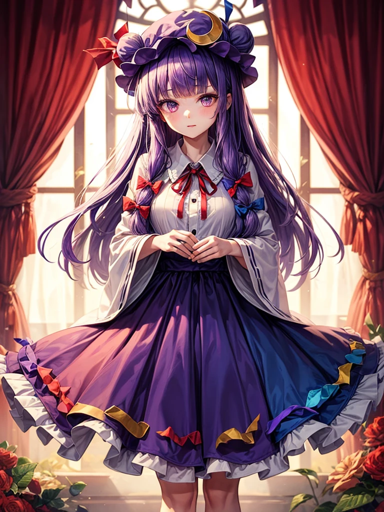 1girl, patchouli knowledge (touhou), purple eyes, very long hair, purple hair, blunt bangs, double bun, purple headwear, mob cap, bun cover, vertical-striped dress, purple dress, long sleeves, robe, wide sleeves, red bowtie, neck ribbon, red ribbon, crescent hat ornament, crescent hair ornament, red bow, blue bow, hair bow, hat bow