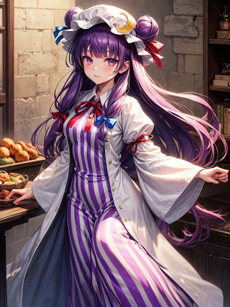 1girl, patchouli knowledge (touhou), purple eyes, very long hair, purple hair, blunt bangs, double bun, purple headwear, mob cap, bun cover, vertical-striped dress, purple dress, long sleeves, robe, wide sleeves, red bowtie, neck ribbon, red ribbon, crescent hat ornament, crescent hair ornament, red bow, blue bow, hair bow, hat bow