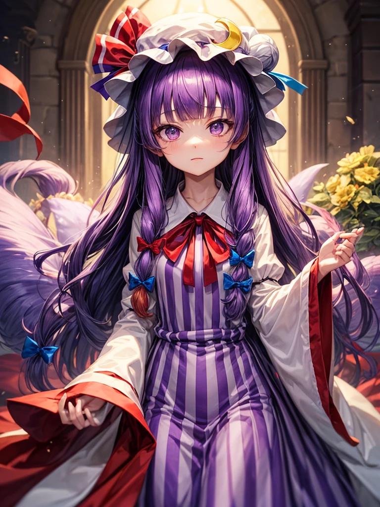1girl, patchouli knowledge (touhou), purple eyes, very long hair, purple hair, blunt bangs, double bun, purple headwear, mob cap, bun cover, vertical-striped dress, purple dress, long sleeves, robe, wide sleeves, red bowtie, neck ribbon, red ribbon, crescent hat ornament, crescent hair ornament, red bow, blue bow, hair bow, hat bow