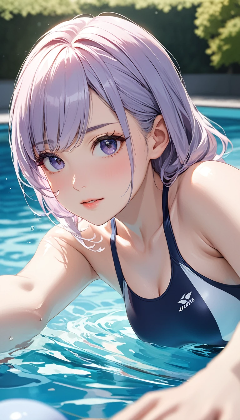 masterpiece, High resolution, perfect face, beauty of japan, 20 years old, competitive swimsuit, pool, beautiful swimmer, embarrassed look, look at the camera, top quality eyes, detailed texture, look at the camera, medium tits, Married woman, cool women, high resolution eyes, swimming clab