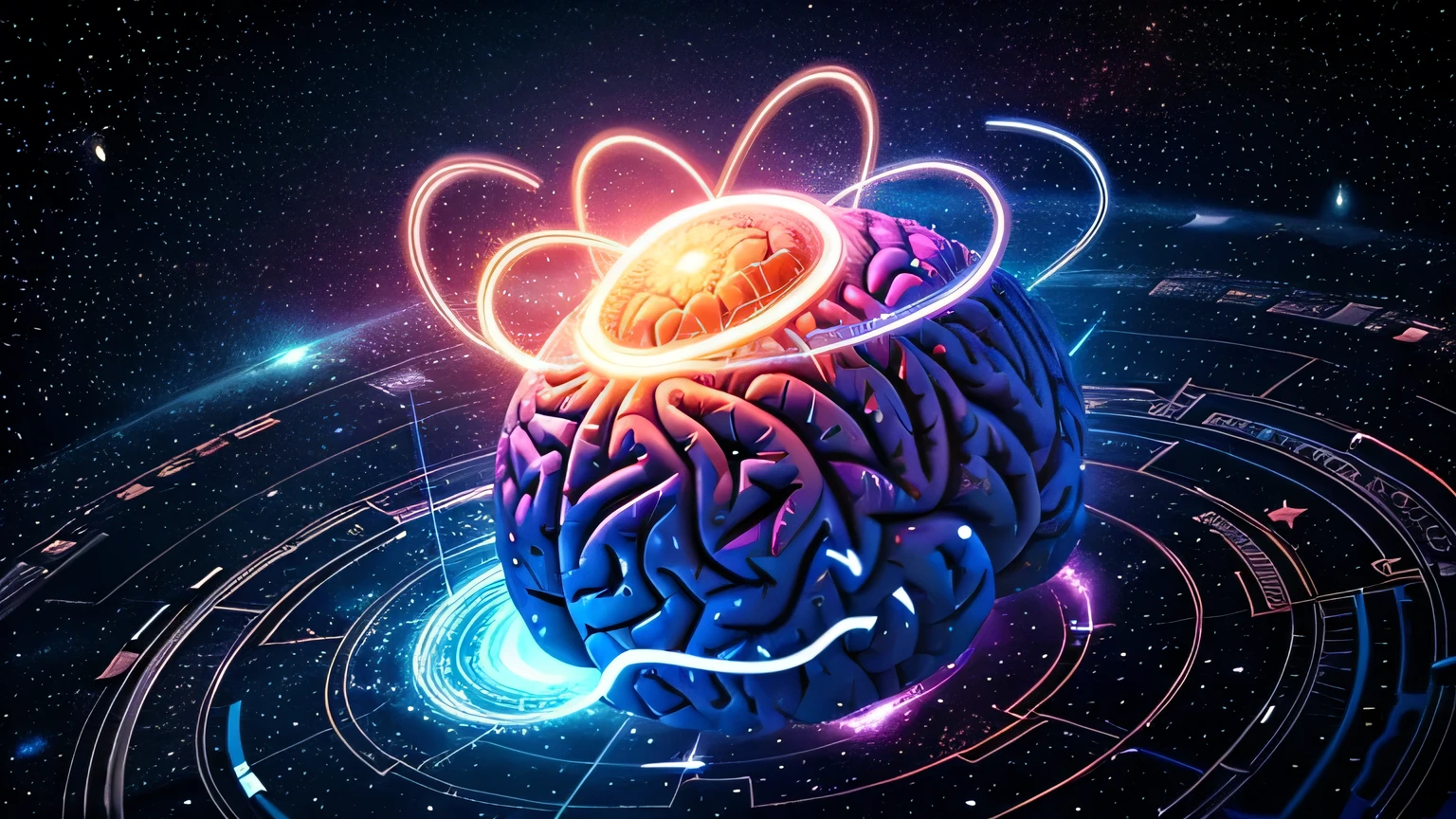 A giant brain floating in space, surrounded by spiraling symbols and signs, creating a mystical cosmic image
