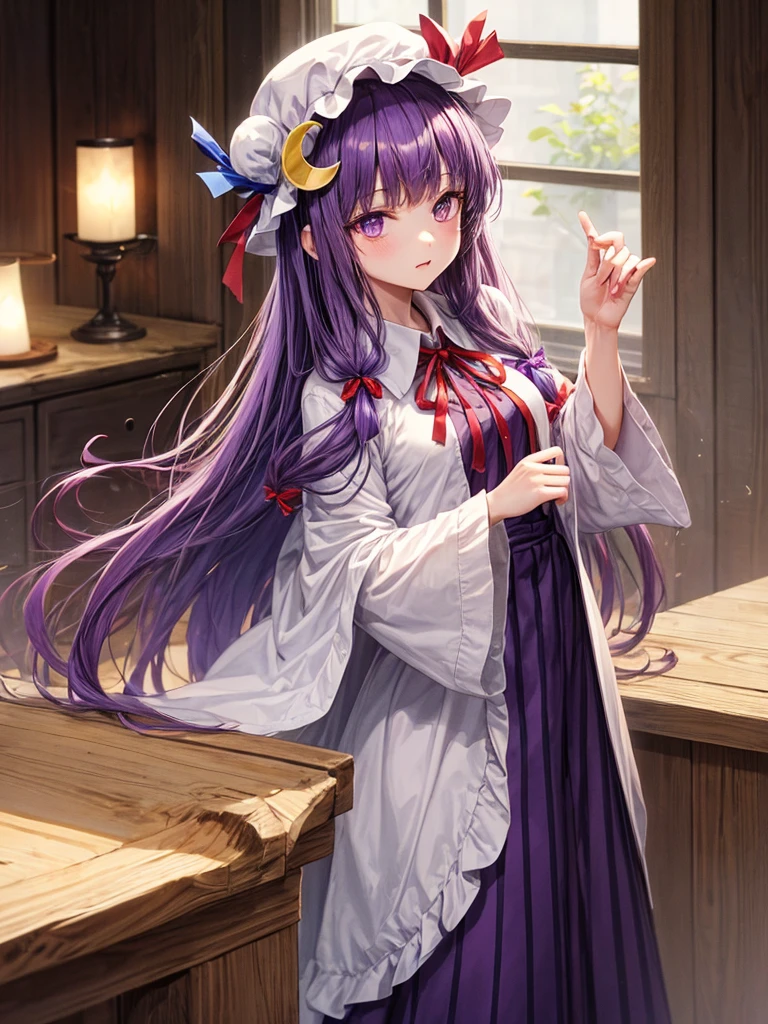1girl, patchouli knowledge (touhou), purple eyes, very long hair, purple hair, blunt bangs, double bun, purple headwear, mob cap, bun cover, vertical-striped dress, purple dress, long sleeves, robe, wide sleeves, red bowtie, neck ribbon, red ribbon, crescent hat ornament, crescent hair ornament, red bow, blue bow, hair bow, hat bow