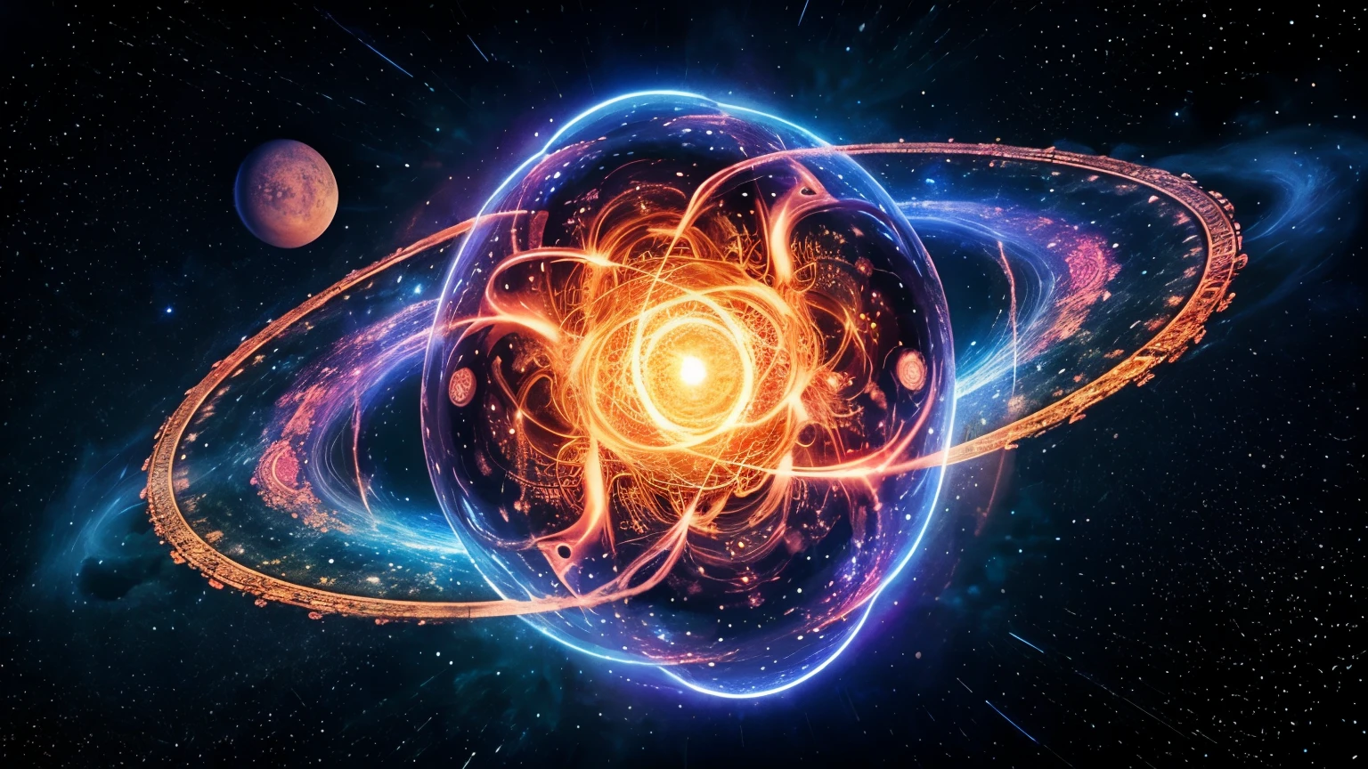 A giant brain floating in space, surrounded by spiraling symbols and signs, creating a mystical cosmic image