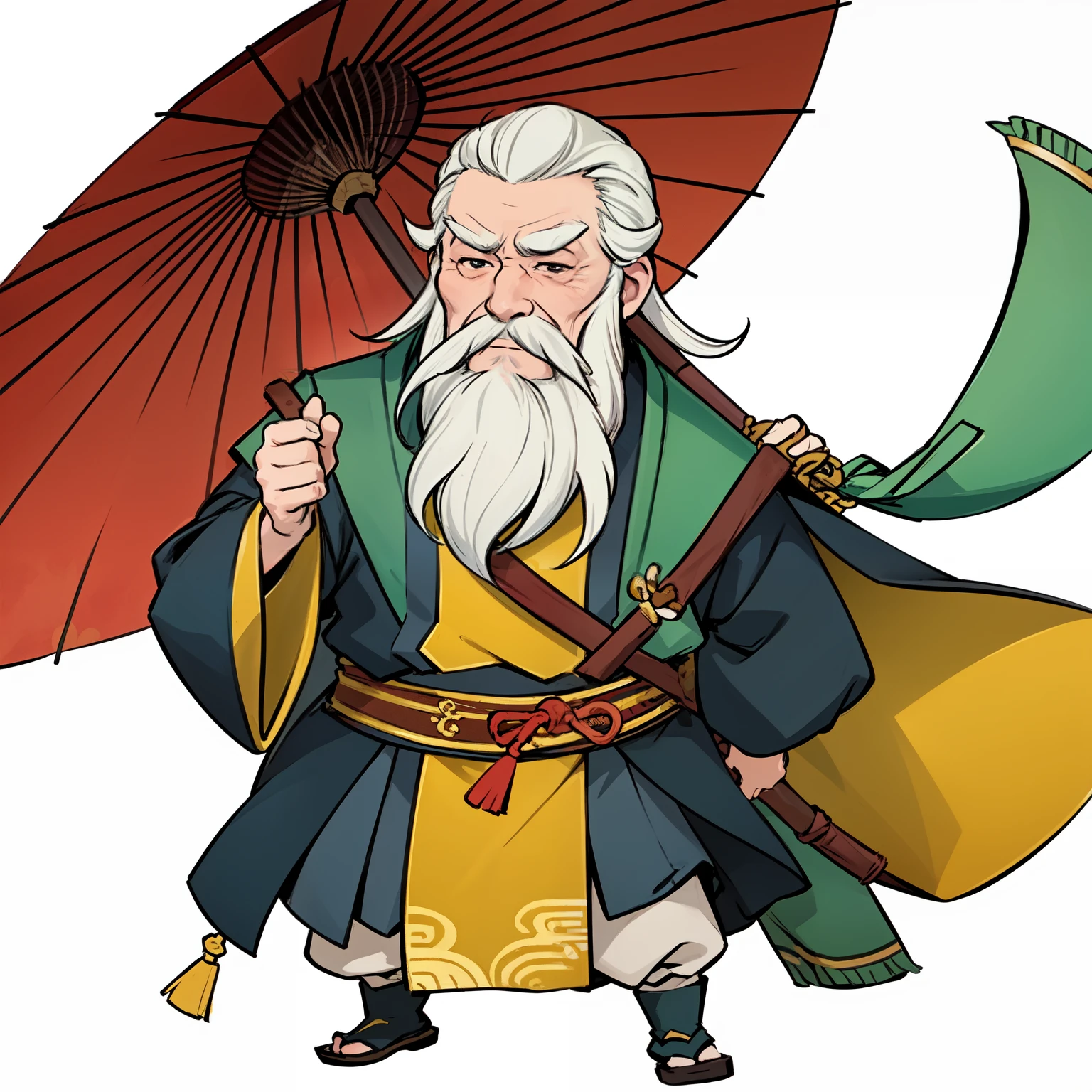 qgufeng，Old man with white beard，umbrella，Chinese style，white background,full body, chibi