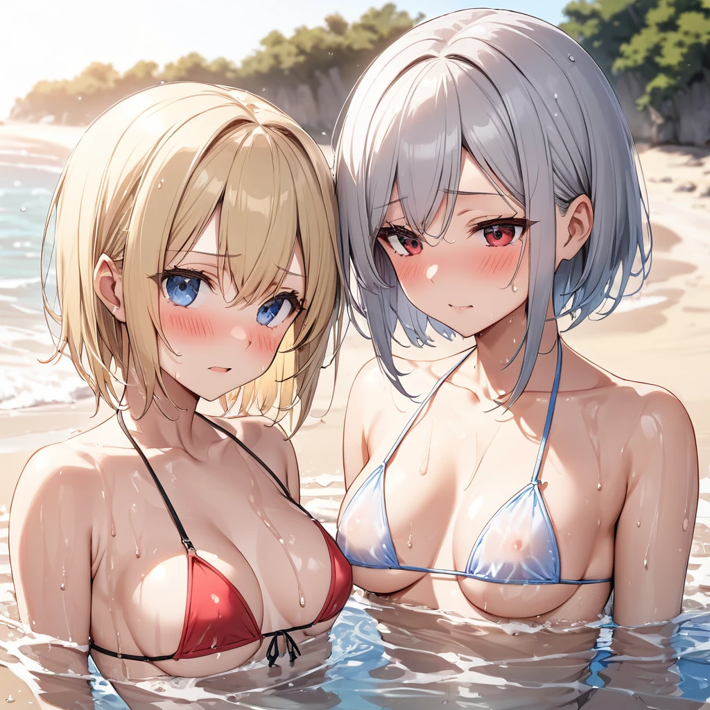 2 girls, NSFW, beach, micro g-string micro bikini, blonde red eyes straight hair, grey hair blue eyes medium short hair, medium breasts, soaking wet, blushing, adult female,