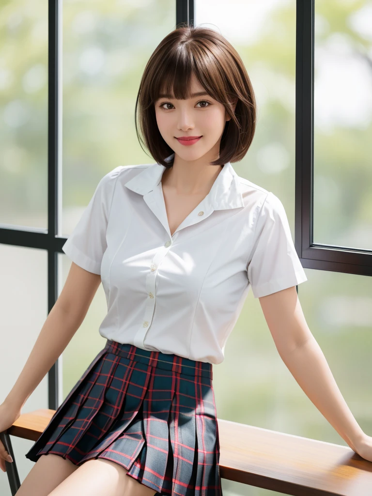1girl, Chinese girl, solo, facing viewer, smile, 8k, masterpiece, (((short brown hair, bangs))), (((white shirt with collar))), (short sleeves, unbuttoned), ((pleated tartan skirt)), posing for a picture, highly detailed face and skin texture, detailed eyes, realistic, daytime, high resolution, 8k, medium breast, cleavage: 1.2, classroom, table, chair, blackboard, window, 8k, cowboy shot