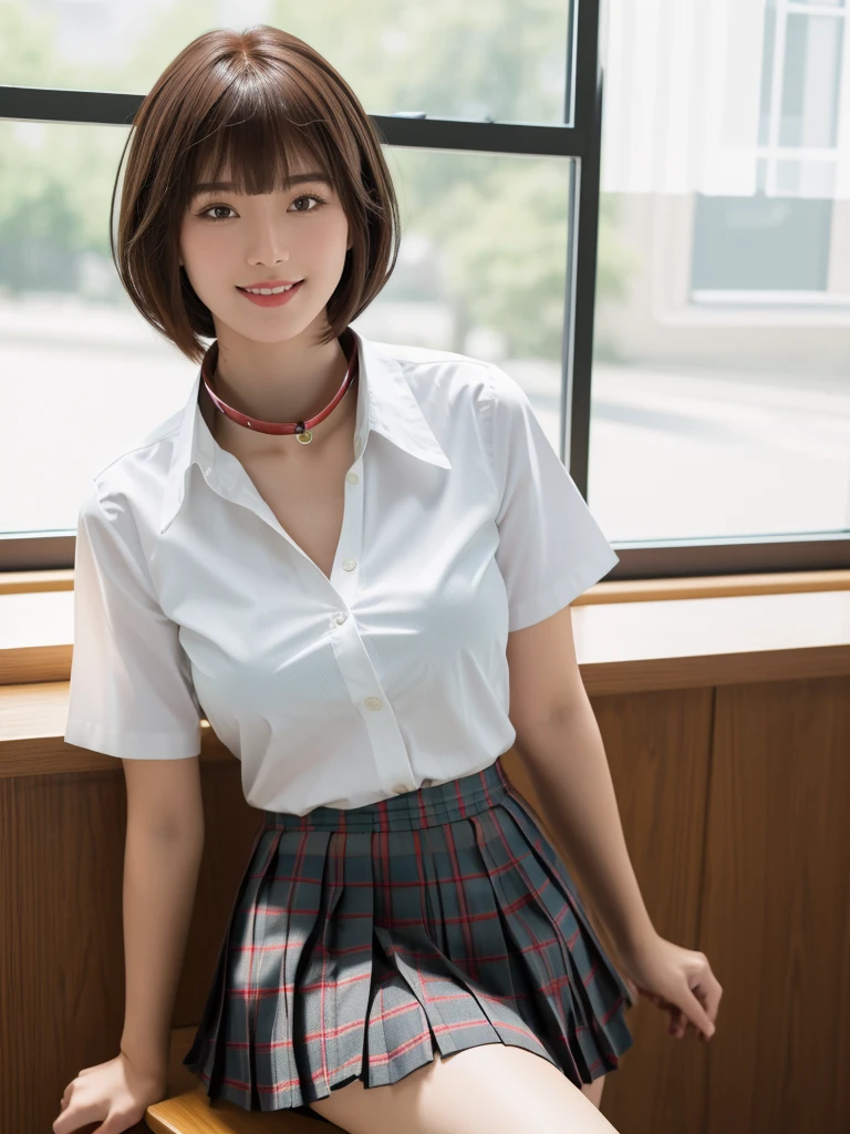 1girl, Chinese girl, solo, facing viewer, smile, 8k, masterpiece, (((short brown hair, bangs))), (((white shirt with collar))), (short sleeves, unbuttoned), ((pleated tartan skirt)), posing for a picture, highly detailed face and skin texture, detailed eyes, realistic, daytime, high resolution, 8k, medium breast, cleavage: 1.2, classroom, table, chair, blackboard, window, 8k, cowboy shot