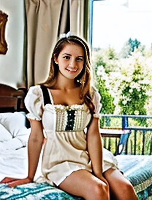 very cute,pretty,gorgeous bavarian girl,real ,wearing bavarian traditional short dress,bed