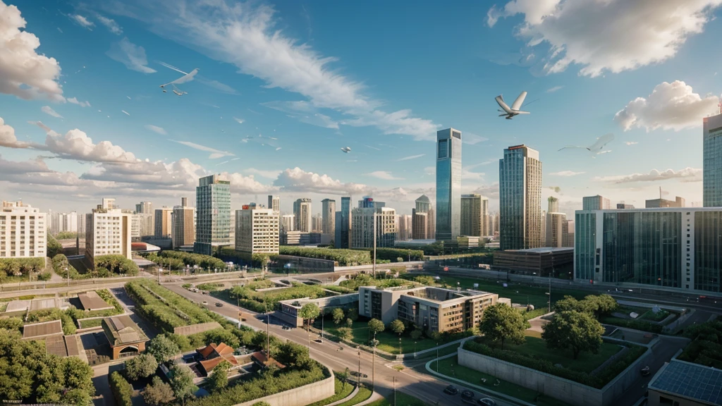 "Generate a panoramic aerial view for the intro of a movie, showcasing a serene city landscape in a capitalistic green utopia. This futuristic city features innovative, eco-friendly architecture and impressive monumental landmarks. The clear, blue skies are dotted with colorful birds peacefully coexisting. Highlight the integration of nature with advanced technology, including solar panels, clean energy sources, parks, and community gardens, all contributing to a tranquil and harmonious urban environment."