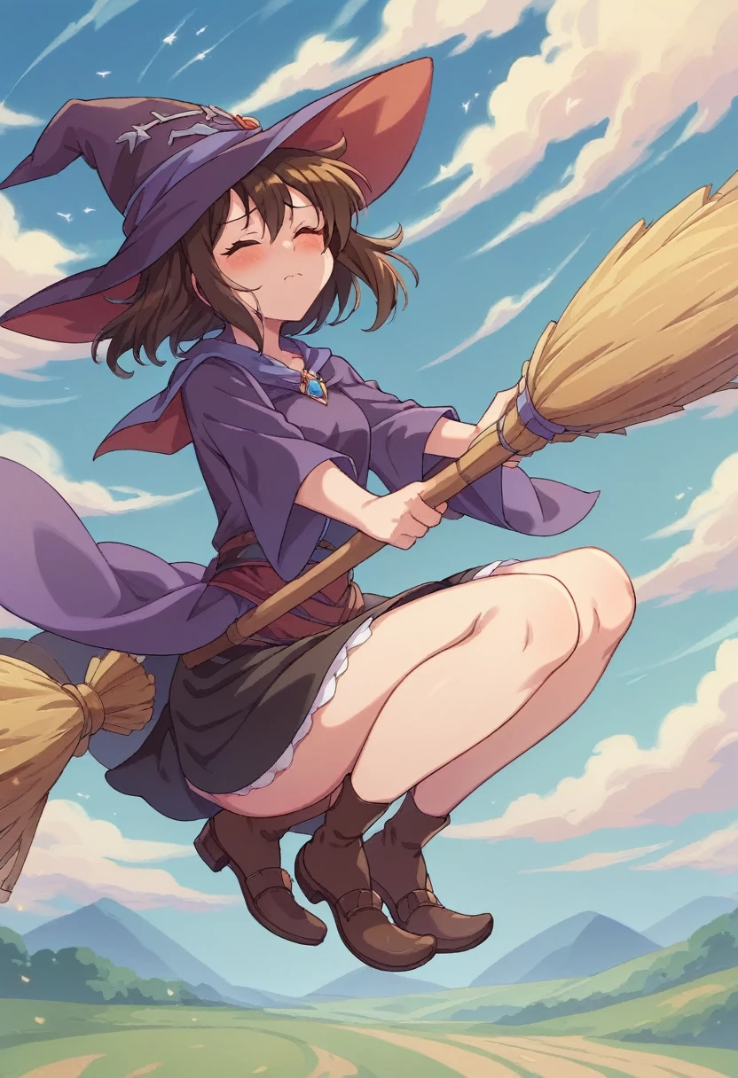 ((((空を飛ぶwitch))),((Ride a broom)),(Straddling a broom),Fantasy,Beautiful light and shadow,Anatomically correct,masterpiece,Highest quality,最高masterpiece,8K,Use of magic,witch:witchの帽子:witchの衣装:Familiar,Wind,Fantasy,wonderful,An illustration,Digital Art,wonderful,wonderful,カラーAn illustration,Rich colors,Blushing,Eyes closed,Mouth closed,Holding the end of the broom tightly with both hands,slightly squatting,Both feet are on the ground,Both feet are wearing shoes,（ One broom handle、The handle and the bristles of the broom are connected）,The tips of the broom face backwards