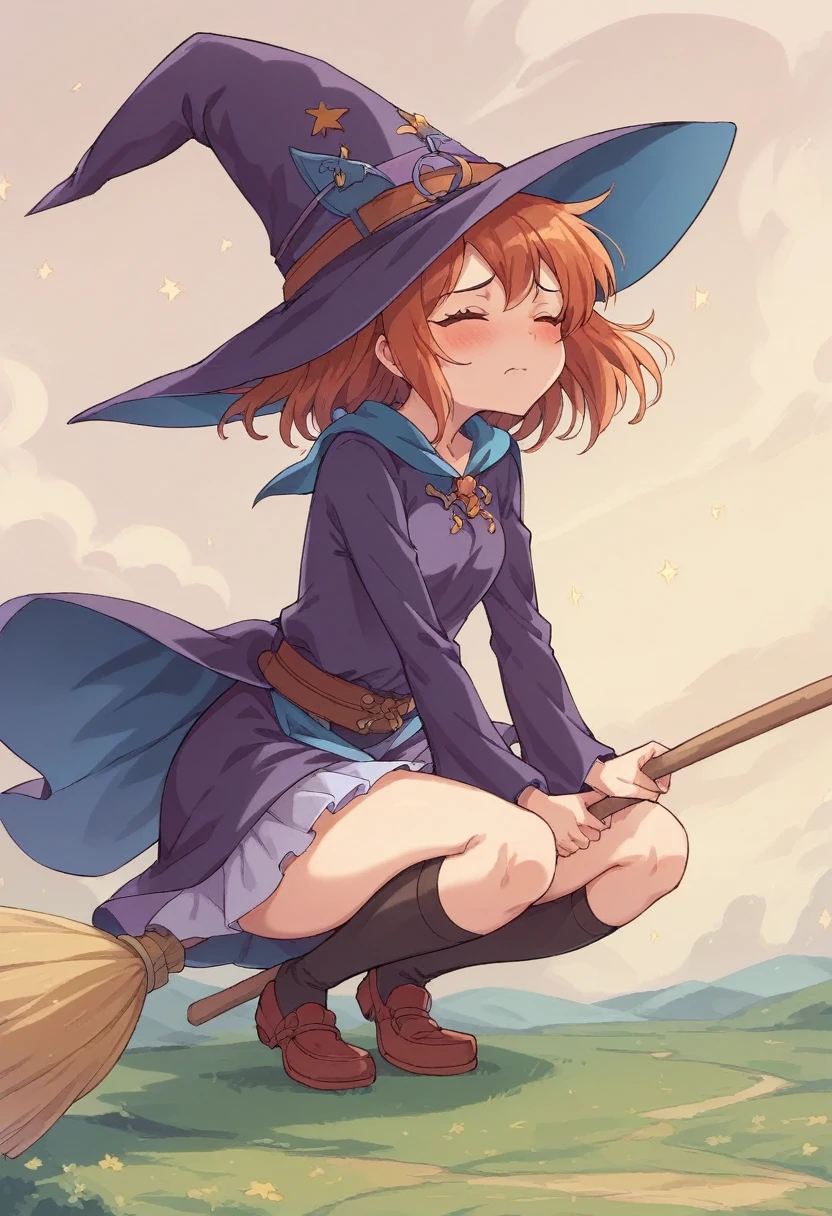 ((((空を飛ぶwitch))),((Ride a broom)),(Straddling a broom),Fantasy,Beautiful light and shadow,Anatomically correct,masterpiece,Highest quality,最高masterpiece,8K,Use of magic,witch:witchの帽子:witchの衣装:Familiar,Wind,Fantasy,wonderful,An illustration,Digital Art,wonderful,wonderful,カラーAn illustration,Rich colors,Blushing,Eyes closed,Mouth closed,Holding the end of the broom tightly with both hands,slightly squatting,Both feet are on the ground,Both feet are wearing shoes,（ One broom handle、The handle and the bristles of the broom are connected）,The tips of the broom face backwards