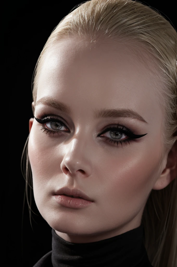 woman pretty, blonde, slicked back blonde hair , wearing black hijab, pale skin ,wearing black turtleneck, eyeliner ,portrait, foxy eyeliner , makeup ,pale woman painting, beautiful light deep focus, elegant, digital painting, smooth, dramatic lighting , 8k, art , black background,black background, black wallpaper
