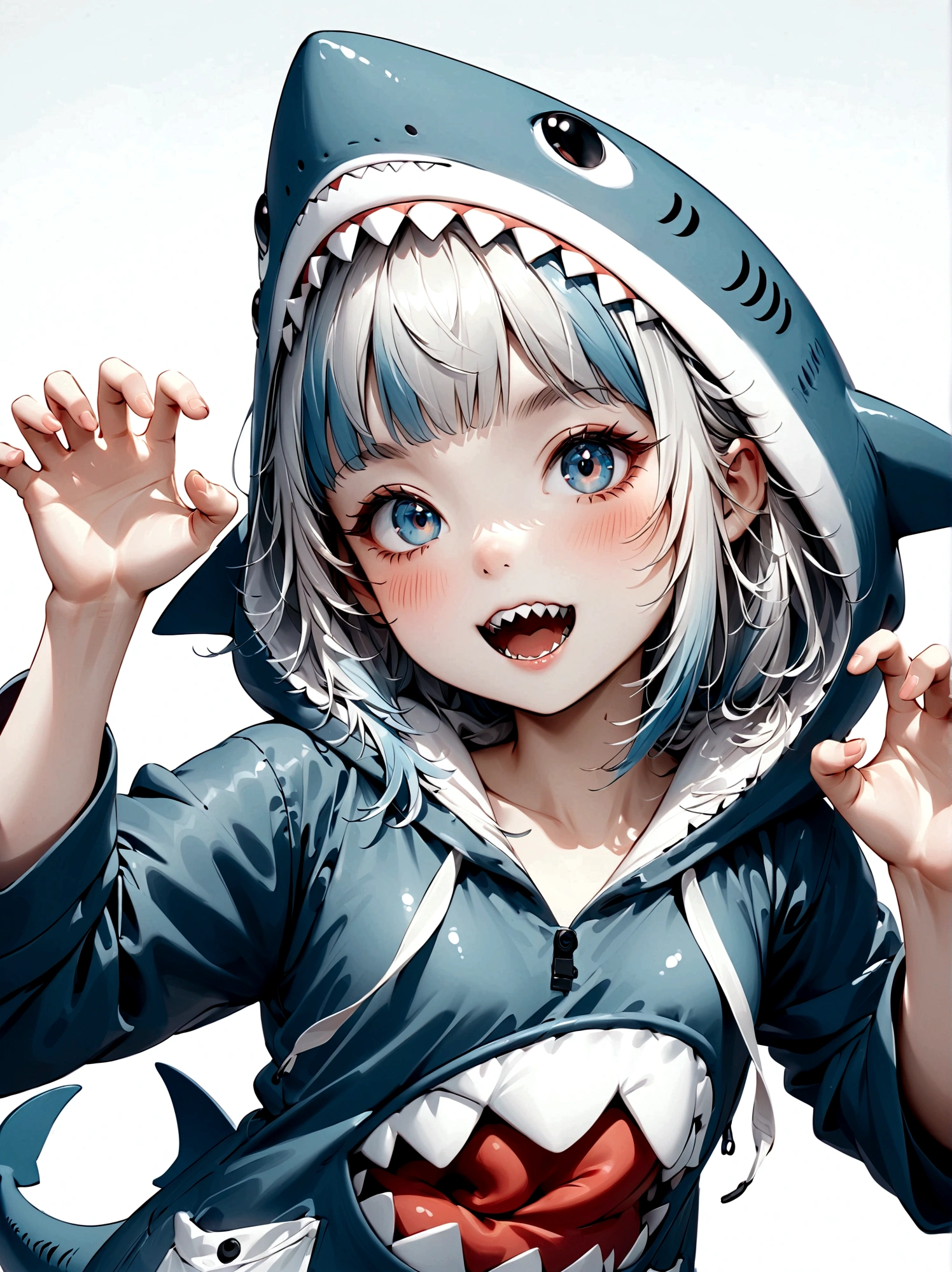 ultra-detailed, absurdres, colorful, gawr gura, detailed eyes, wide-eyed, eyelashes, looking at viewer, (blue background:0.9), (standing:0.7), 1girl, wearing cute shark pajamasl, blue hoodie, shark tail, sharp teeth, claw pose, hood up, (Smiley Face:1.0), pockets, hands up, clenched teeth, cowboy shot, masterpiece, best quality, UHD, accurate, anatomically correct, 8k, highres