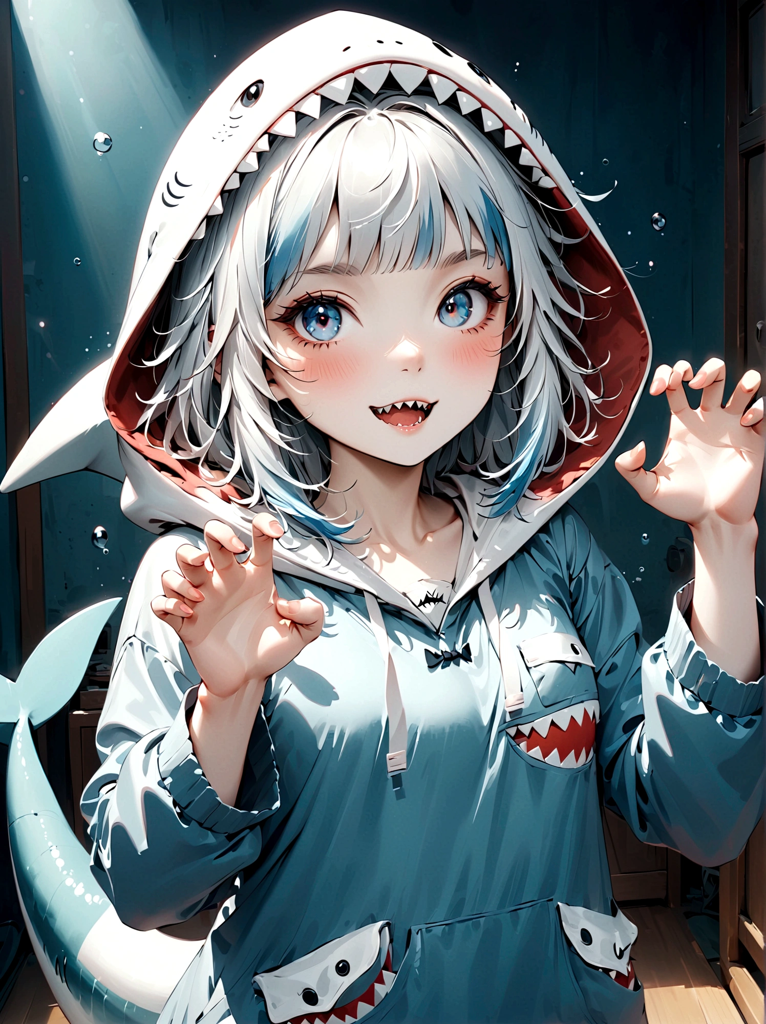 ultra-detailed, absurdres, colorful, gawr gura, detailed eyes, wide-eyed, eyelashes, looking at viewer, (blue background:0.9), (standing:0.7), 1girl, wearing cute shark pajamasl, blue hoodie, shark tail, sharp teeth, claw pose, hood up, (Smiley Face:1.0), pockets, hands up, clenched teeth, cowboy shot, masterpiece, best quality, UHD, accurate, anatomically correct, 8k, highres