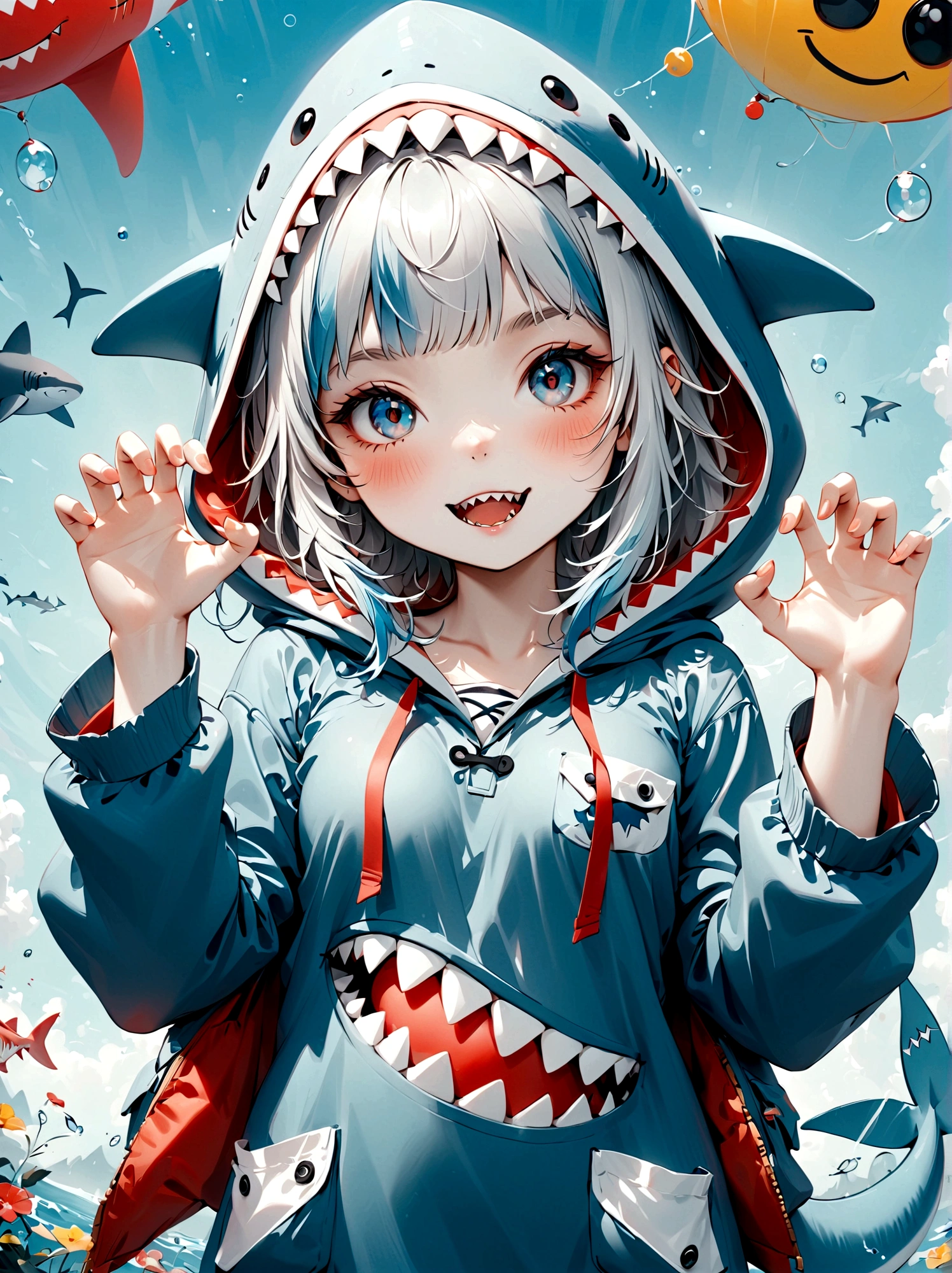 ultra-detailed, absurdres, colorful, gawr gura, detailed eyes, wide-eyed, eyelashes, looking at viewer, (blue background:0.9), (standing:0.7), 1girl, wearing cute shark pajamasl, blue hoodie, shark tail, sharp teeth, claw pose, hood up, (Smiley Face:1.0), pockets, hands up, clenched teeth, cowboy shot, masterpiece, best quality, UHD, accurate, anatomically correct, 8k, highres