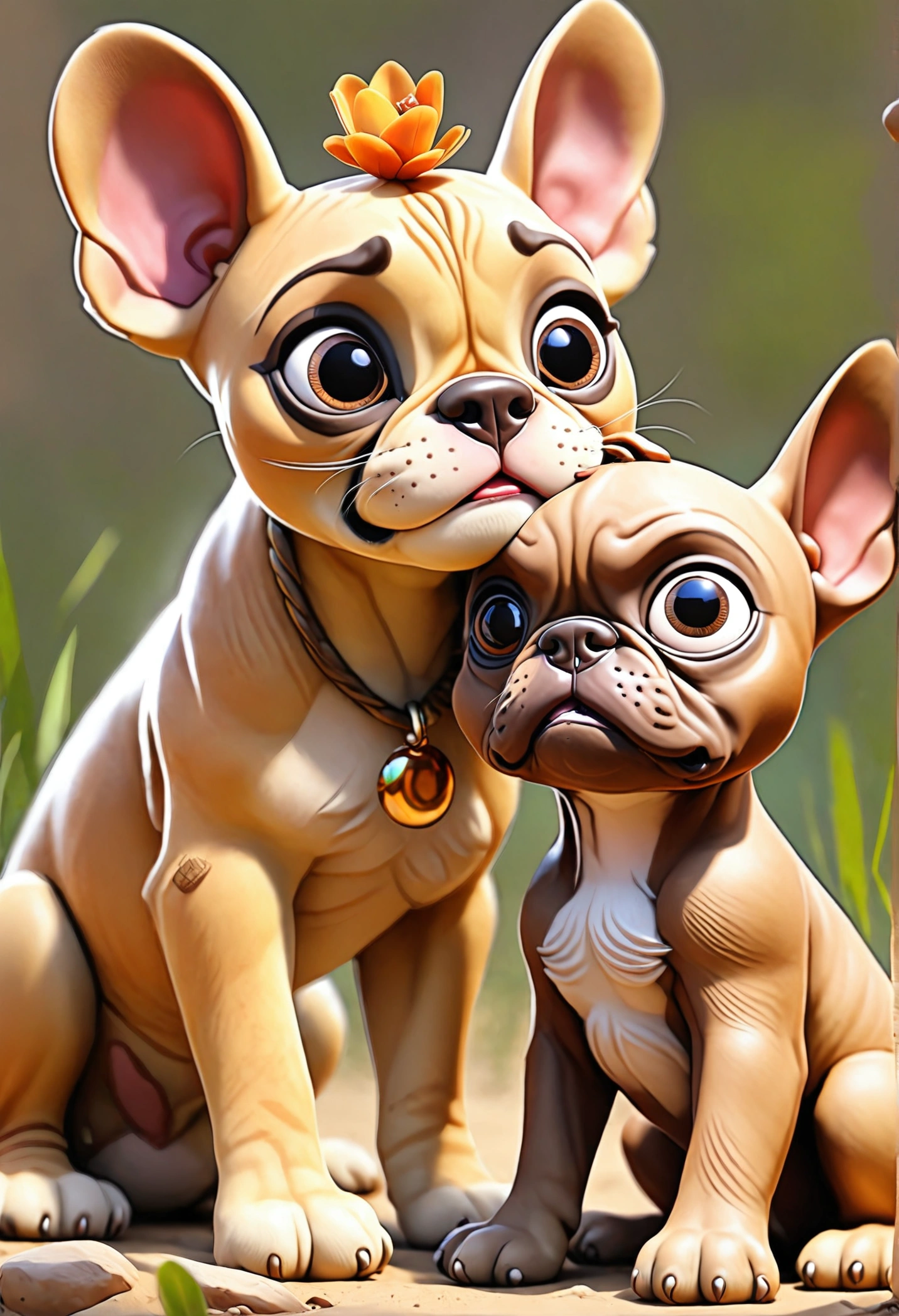 Female lion cub and Little brown French Bulldog puppy The two began to play with each other.