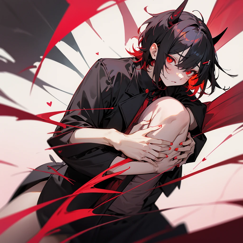 Generate anime boy with short black messy hair, red eyes, red demonic horn with black, black jacket with red lines and white shirt, black sclera of the eye, spot on the cheek of black color and Generate a girl with short pink hair, yellow eyes, heart shaped hair clip, black jacket and red dress, The two hugging