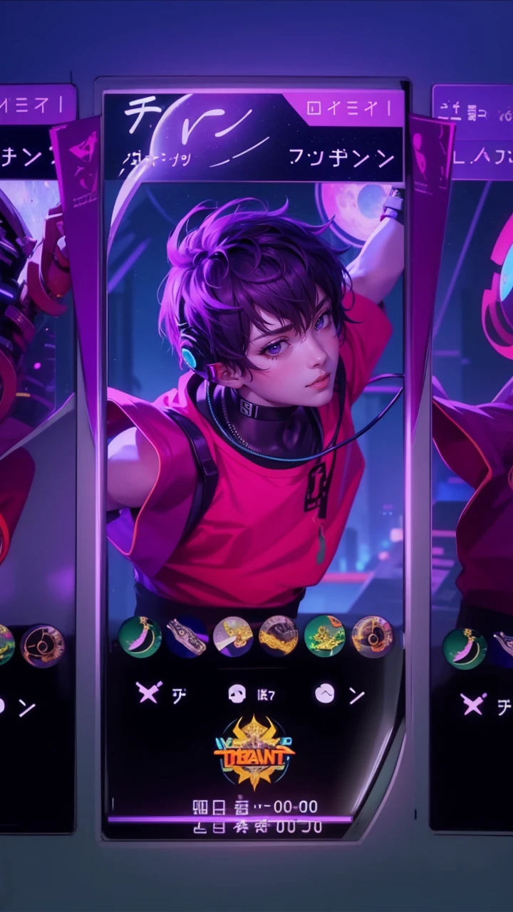 1boy, (extremely beautiful), solo, male focus, cyberpunk, neon lights, vibrant colors, headphones, Cyberpunk, neon, masterpiece, best quality, ultra-detailed, cyberpunk background, detail, in the starry night, moon, explosive and clear eyes, glowing eyes, beautiful details in the wind, little smile. thinking and watching the moon