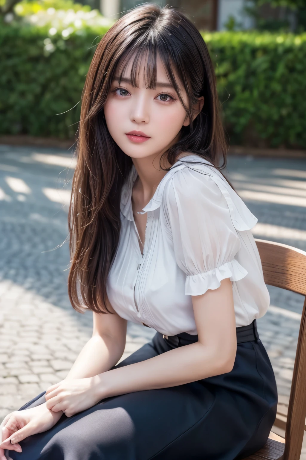 ((Best image quality、8K、masterpiece：1.3))、Realistic high-quality photos、Highest quality、Beautiful and elegant face and eyes、Black Hair、Shiny Hair、 OL、Wearing a short-sleeved blouse、Wear a long skirt、Full Body Shot.