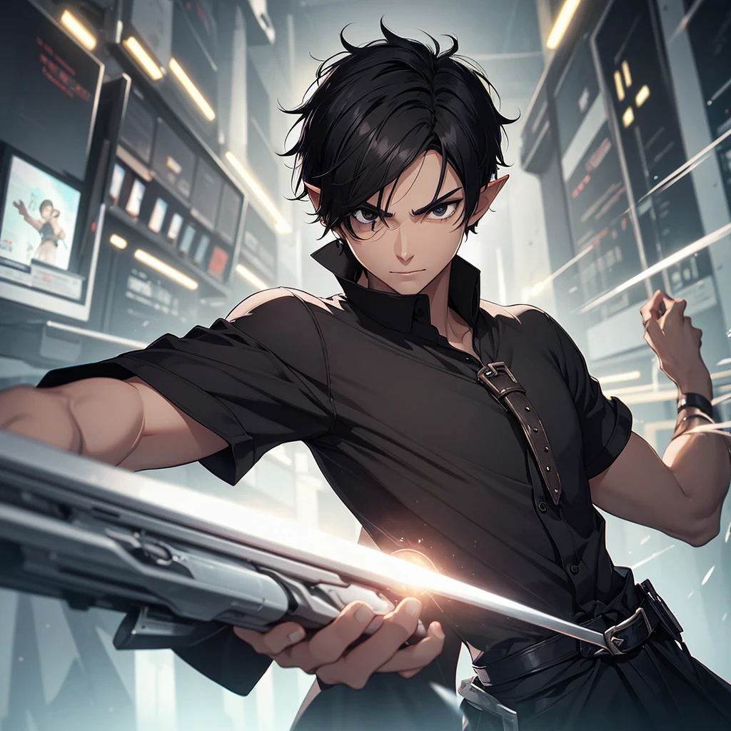 1 short-haired man, black hair, black eyes, black shirt, elf race, a wizard, has 2 arms.