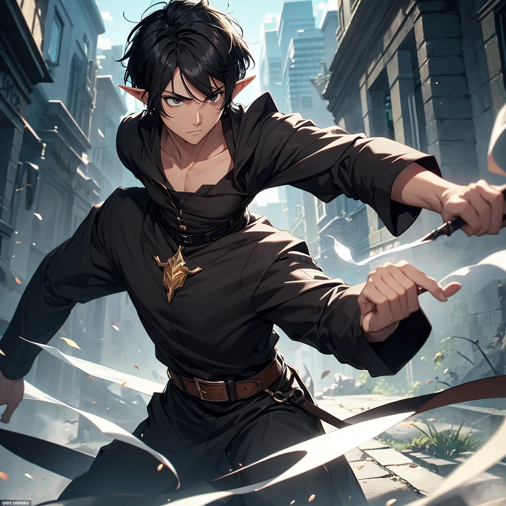 1 short-haired man, black hair, black eyes, black shirt, elf race, a wizard, has 2 arms.
