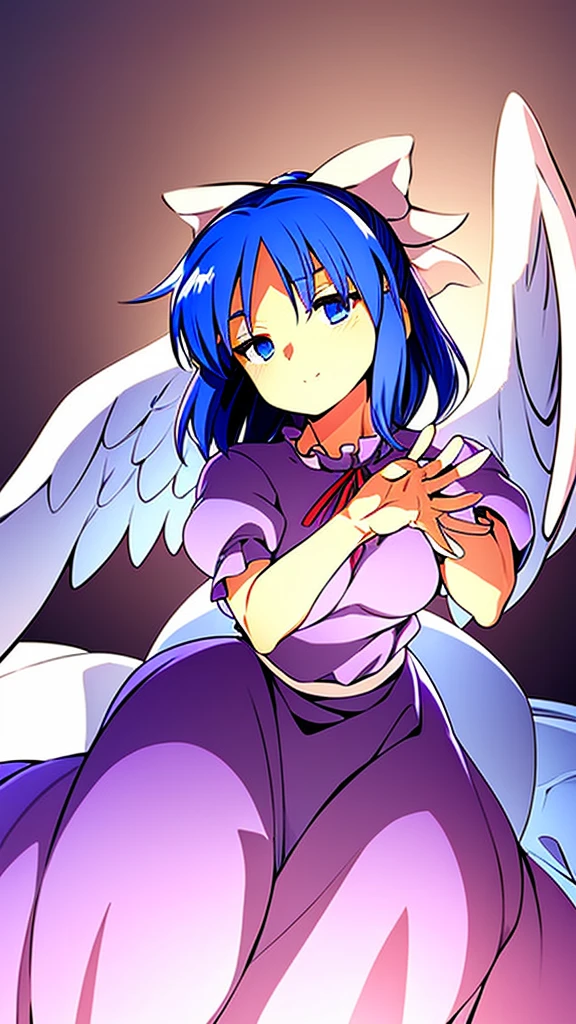 masterpiece, best quality, 1girl, , , 10 years old, medium blue hair, hair flaps, pink ribbon on head, well-formed face, blue eyes, angel girl, white blouse, puffy short sleeves, red ribbon, angel wings, long white skirt, red shoes, frills, ribbon head, from behind, to lift up one’s skirt, cowboy shot, from front, standing , raise one leg, crossed arms, arms up behind, arms behind back, hand between legs, put hands hip, one hand on hip, forward hands, arms raised in the air, punch hands, peace sign, waving, put up index finger, sit, lie down, closed eyes, lie face down, looking back, put one hand chest, leaning forward, cleavage, close up, horizontally outstretched arms, horizontally outstretched legs, front view, front face