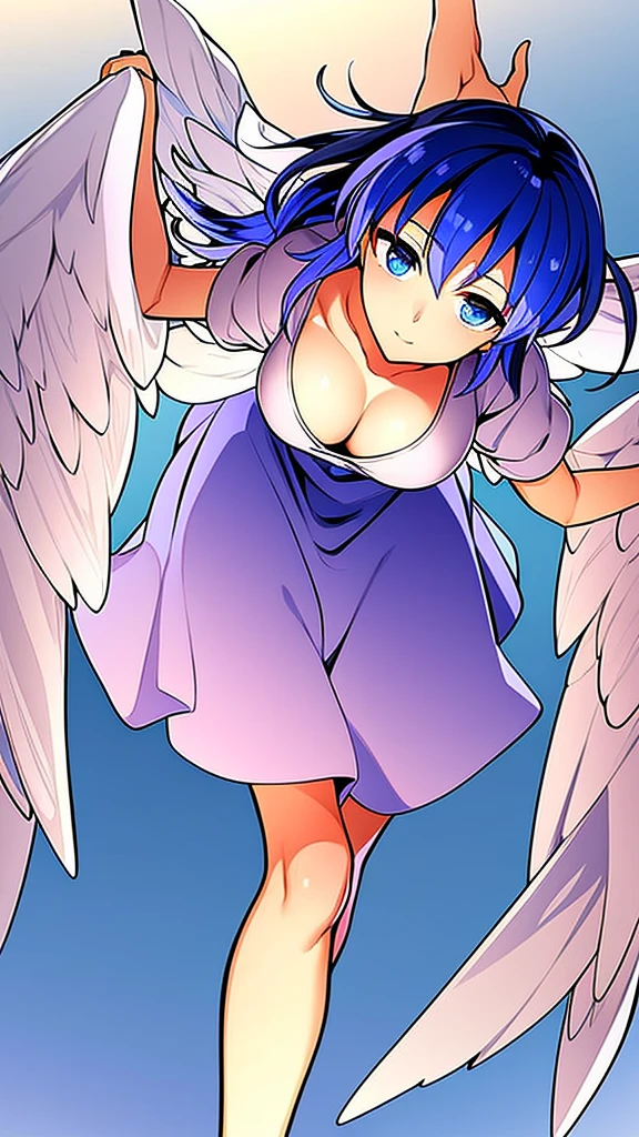 masterpiece, best quality, 1girl, , , 10 years old, medium blue hair, hair flaps, pink ribbon on head, well-formed face, blue eyes, angel girl, white blouse, puffy short sleeves, red ribbon, angel wings, long white skirt, red shoes, frills, ribbon head, from behind, to lift up one’s skirt, cowboy shot, from front, standing , raise one leg, crossed arms, arms up behind, arms behind back, hand between legs, put hands hip, one hand on hip, forward hands, arms raised in the air, punch hands, peace sign, waving, put up index finger, sit, lie down, closed eyes, lie face down, looking back, put one hand chest, leaning forward, cleavage, close up, horizontally outstretched arms, horizontally outstretched legs, front view, front face