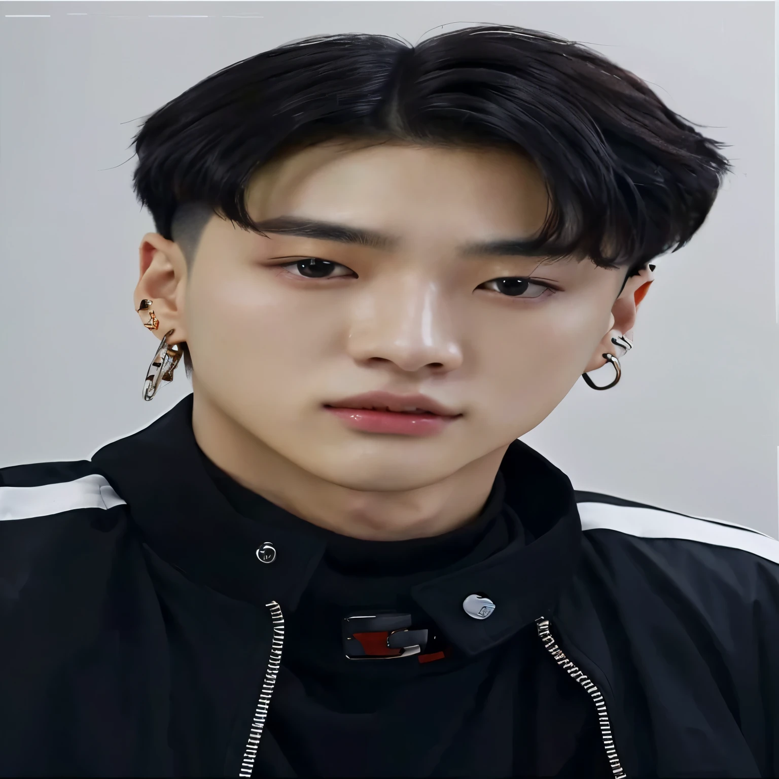 a closeup of a person wearing a black jacket and earrings, jungkook, cai xukun, hyung tae, Yanjun Chengt, pale korean adorable face, hong june hyung, shin jeongho, kim taejin, inspired by Kun Can, lee wonbin, profile headshot, Sakimichan, kim doyoung, black haired yoongi