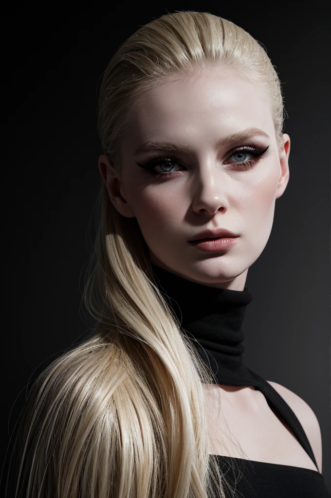 woman pretty, blonde, slicked back blonde hair , wearing black sunglasses, pale skin ,wearing black turtleneck, eyeliner ,portrait, foxy eyeliner , makeup ,pale woman painting, beautiful light deep focus, elegant, digital painting, smooth, dramatic lighting , 8k, art , black background,black background, black wallpaper