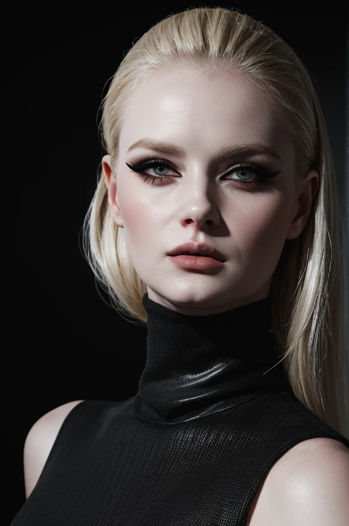 woman pretty, blonde, slicked back blonde hair , wearing black sunglasses, pale skin ,wearing black turtleneck, eyeliner ,portrait, foxy eyeliner , makeup ,pale woman painting, beautiful light deep focus, elegant, digital painting, smooth, dramatic lighting , 8k, art , black background,black background, black wallpaper