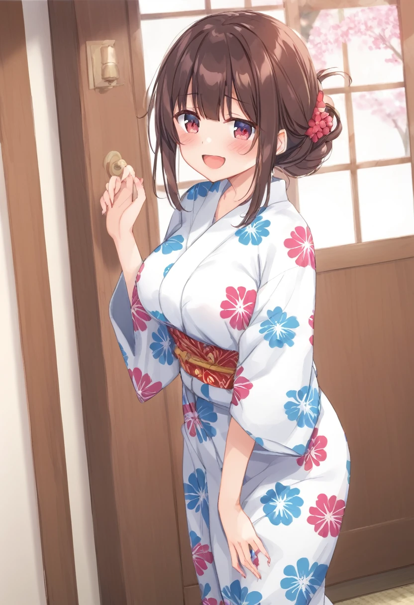 Cute beautiful girl、、naked、(blush:1.5)、Laugh shyly、Brown skin、Open yukata、Beautiful breasts