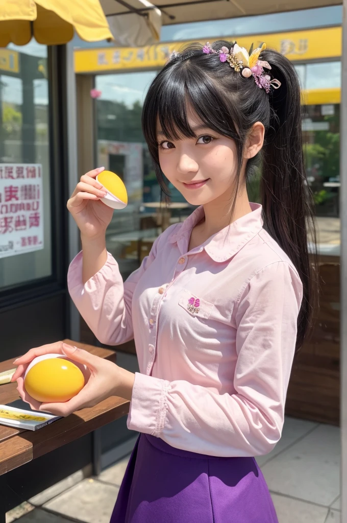masterpiece, One girl, Medium chest, alone, araragi karen, hair ornaments, egg hair ornaments, Side Ponytail, Black Hair, food-themed hair ornaments, fried egg, View your viewers, egg (food), Long Hair, (Iris:1.1), Purple Skirt, No sleeve, Pink Shirt, homework, Book, Holding a pencil, Grin