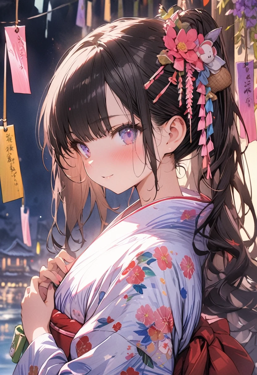 1girl, (masterpiece, best quality, highly detailed, ultra detailed, absurdres:1.3), (1girl, cute, charming, detailed beautiful face:1.3), yukata, clear eyes, beautiful skin, (fantastic illustration, beautiful detail, best quality, top quality, fain touch outline:1.3), watercolor, clear, (tanabata:1.5), decorate strips of paper on bamboo, beautiful detail, night sky, MilkyWay, beautiful illustration, beautiful scenery, fullbody shot, bamboo