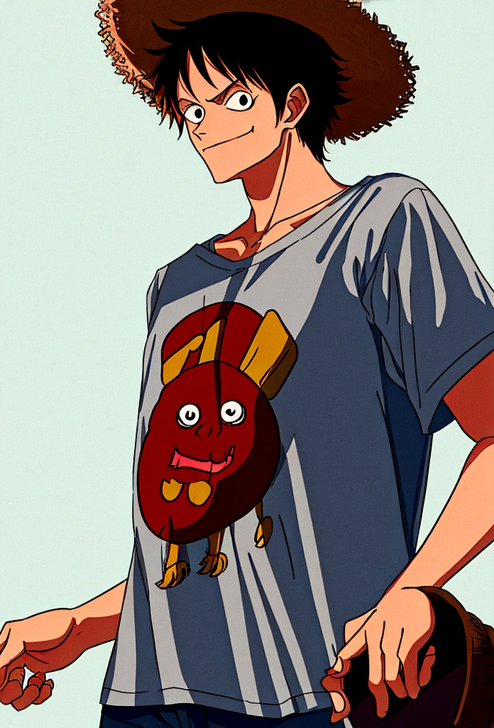Create an illustration of Monkey D. Luffy from One Piece, wearing an oversized black t-shirt. He should be standing confidently, with his signature straw hat tilted back on his head. The t-shirt should be large and loose-fitting, contrasting with his usual attire, but still showcasing his adventurous spirit and cheerful personality.
