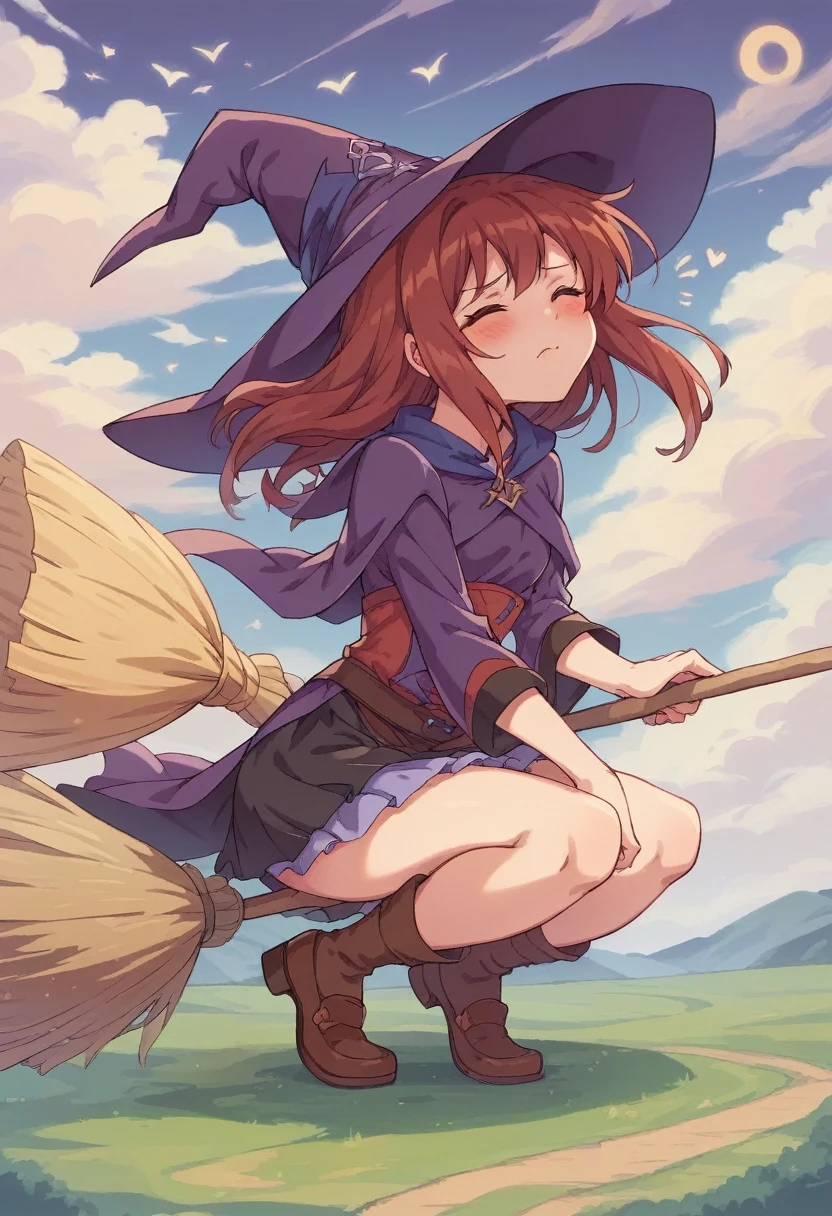 ((((空を飛ぶwitch))),((Ride a broom)),(Straddling a broom),Fantasy,Beautiful light and shadow,Anatomically correct,masterpiece,Highest quality,最高masterpiece,8K,Use of magic,witch:witchの帽子:witchの衣装:Familiar,Wind,Fantasy,wonderful,An illustration,Digital Art,wonderful,wonderful,カラーAn illustration,Rich colors,Blushing,Eyes closed,Mouth closed,Holding the end of the broom tightly with both hands,slightly squatting,Both feet are on the ground,Both feet are wearing shoes,（ One broom handle、The handle and the bristles of the broom are connected）,The tips of the broom face backwards