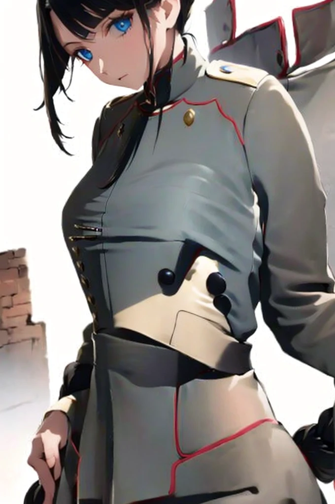 ((masterpiece)), (bestquality), ((ultra-detailed)), depth of field, (dynamic angle), (beautiful detailed blue eyes), 1woman, ((voluminous long black hair styled into one single long braid down to her waist)), tomboy, Walking through ruins, ((wearing a military Uniform, uhlan tunic)), perfect Body, medium bust, Apocalypse,