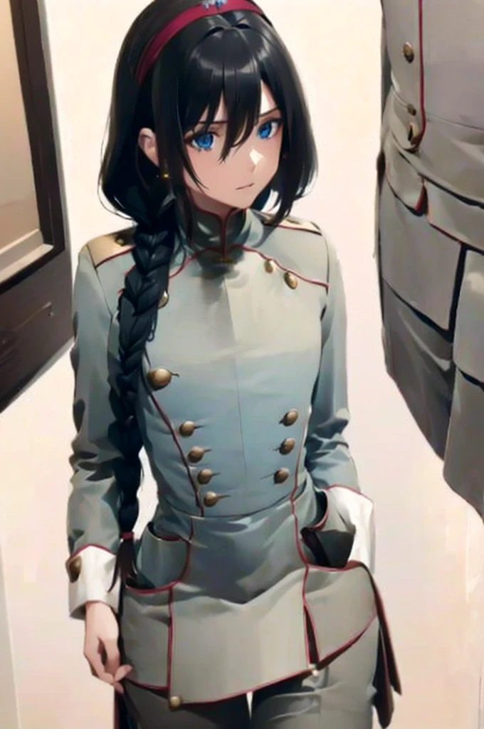 ((masterpiece)), (bestquality), ((ultra-detailed)), depth of field, (dynamic angle), (beautiful detailed blue eyes), 1woman, ((voluminous long black hair styled into one single long braid down to her waist)), tomboy, Walking through ruins, ((wearing a military Uniform, uhlan tunic)), perfect Body, medium bust, Apocalypse,
