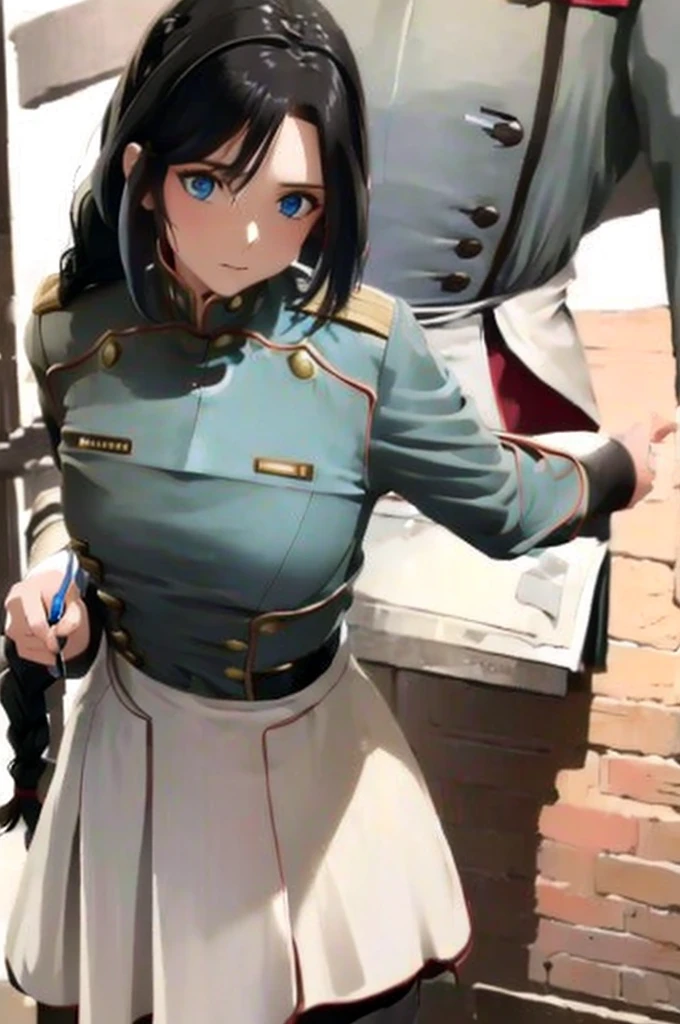 ((masterpiece)), (bestquality), ((ultra-detailed)), depth of field, (dynamic angle), (beautiful detailed blue eyes), 1woman, ((voluminous long black hair styled into one single long braid down to her waist)), tomboy, Walking through ruins, ((wearing a military Uniform, uhlan tunic)), perfect Body, medium bust, Apocalypse,