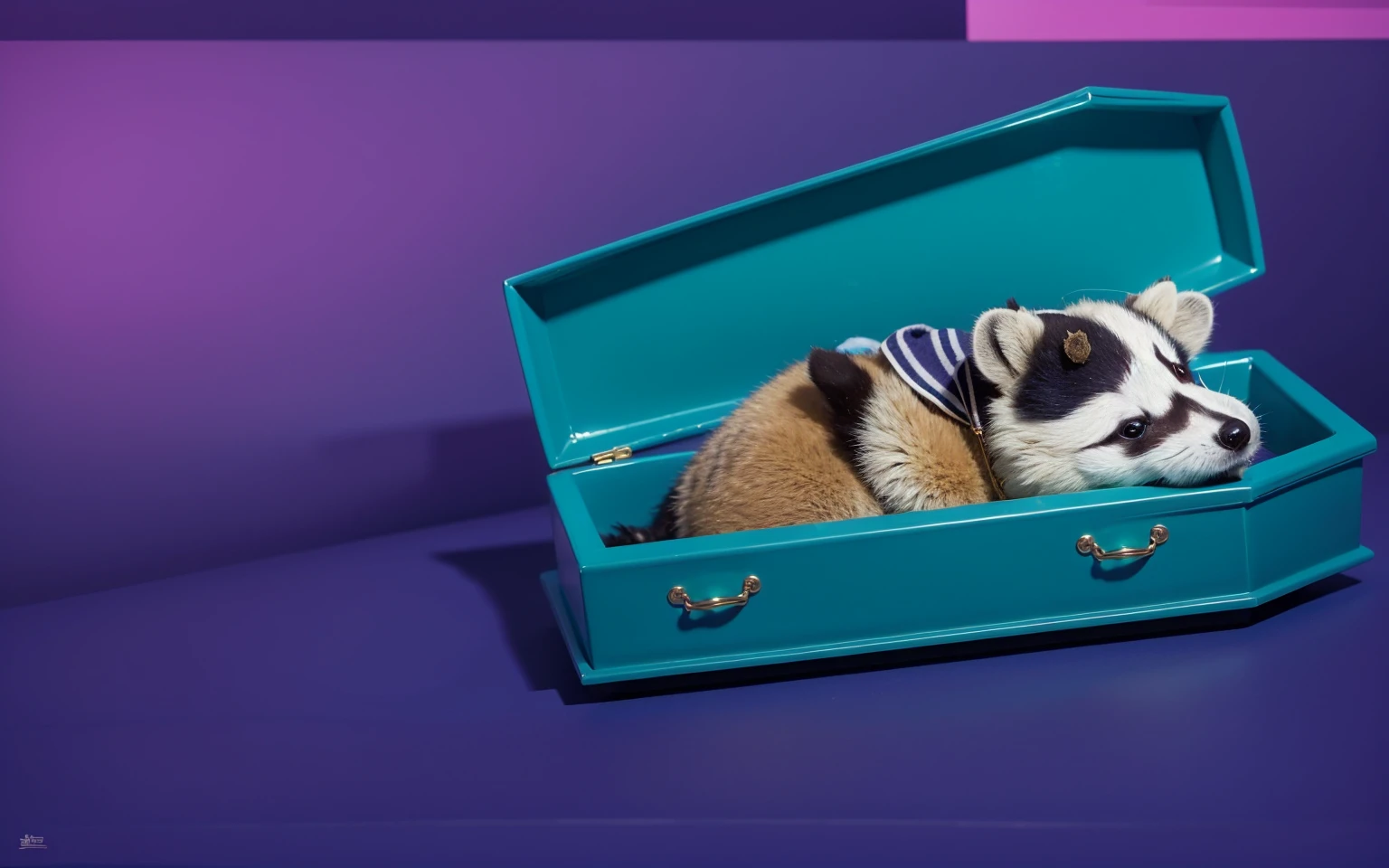 room This image features a cartoonish raccoon character lying in a blue coffin. The raccoon is dressed in room a purple room outfit with a red scarf and has a black mask painted on its face. The character appears to be peacefully resting with its eyes room closed. The scene is set against a gradient blue room background, which enhances the somber yet whimsical nature of the image. The bright colors of the raccoon's outfit and the coffin create a striking contrast, adding to the surreal and imaginative quality of the scene. room