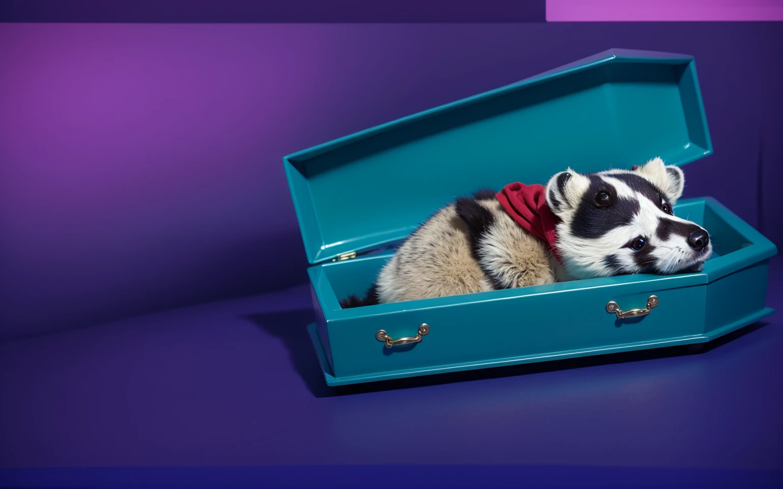 room This image features a cartoonish raccoon character lying in a blue coffin. The raccoon is dressed in room a purple room outfit with a red scarf and has a black mask painted on its face. The character appears to be peacefully resting with its eyes room closed. The scene is set against a gradient blue room background, which enhances the somber yet whimsical nature of the image. The bright colors of the raccoon's outfit and the coffin create a striking contrast, adding to the surreal and imaginative quality of the scene. room