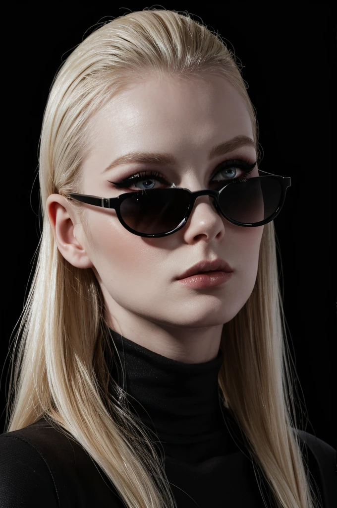 woman pretty, blonde, slicked back blonde hair , wearing black sunglasses, pale skin ,wearing black turtleneck, eyeliner ,portrait, foxy eyeliner , makeup ,pale woman painting, beautiful light deep focus, elegant, digital painting, smooth, dramatic lighting , 8k, art , black background,black background, black wallpaper