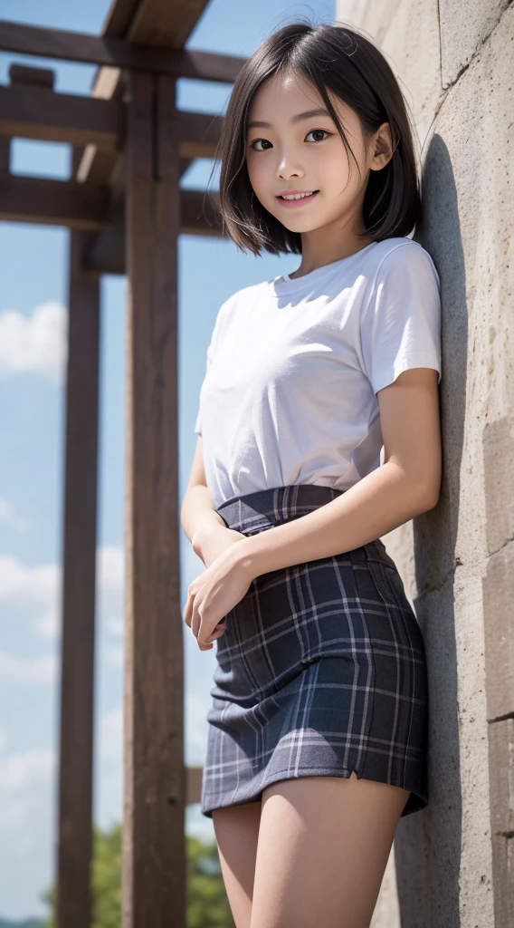 (8k),(masterpiece),(Japanese),(8--old l),((Innocent look)),((Childish)),from the front,smile,cute,Innocent,Kind eyes,Plain T-shirt,Short sleeve,Blue checked short skirt,,Straight Hair,Hair blowing in the wind,Black Hair,Somewhat strong wind,noon,bright