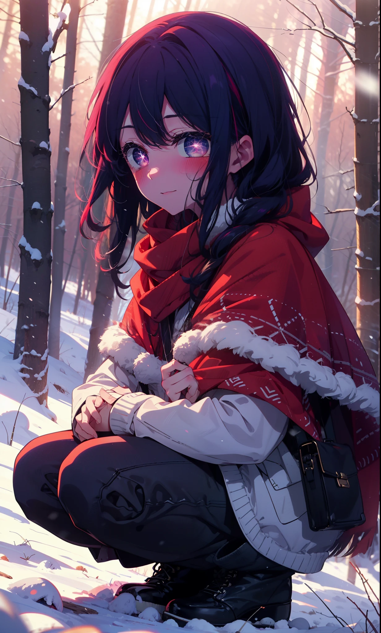 aihoshino, Ai Hoshino, Long Hair, bangs, (Purple eyes:1.1), Purple Hair, (Symbol-shaped pupil:1.5), smile,,smile,blush,White Breath,
Open your mouth,snow,Ground bonfire, Outdoor, boots, snowing, From the side, wood, suitcase, Cape, Blurred, , forest, White handbag, nature, Squat, Mouth closed, Cape, winter, Written boundary depth, Black shoes, red Cape break looking at viewer, Upper Body, whole body, break Outdoor, forest, nature, break (masterpiece:1.2), Highest quality, High resolution, unity 8k wallpaper, (shape:0.8), (Beautiful and beautiful eyes:1.6), Highly detailed face, Perfect lighting, Extremely detailed CG, (Perfect hands, Perfect Anatomy),