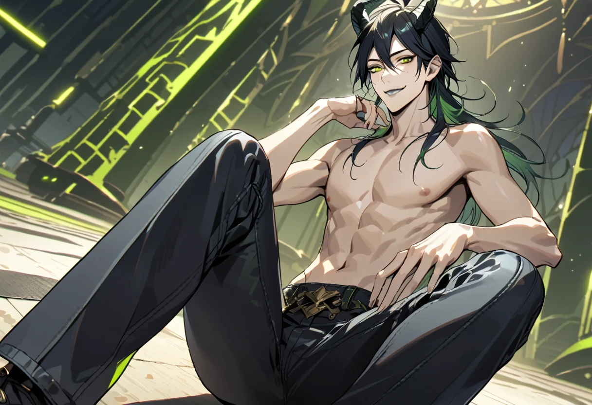 masterpiece, highres, absurdres, illustration, 1boy, sitting on floor, topless, black leather jacket, jeans, dynamic angle, malleus draconia (twisted wonderland) horns, bishounen, boy, male, yana Toboso style, long hair, black hair, yellow green eyes, smile, gray lips, handsome, skinny, tall, yellow green glow,