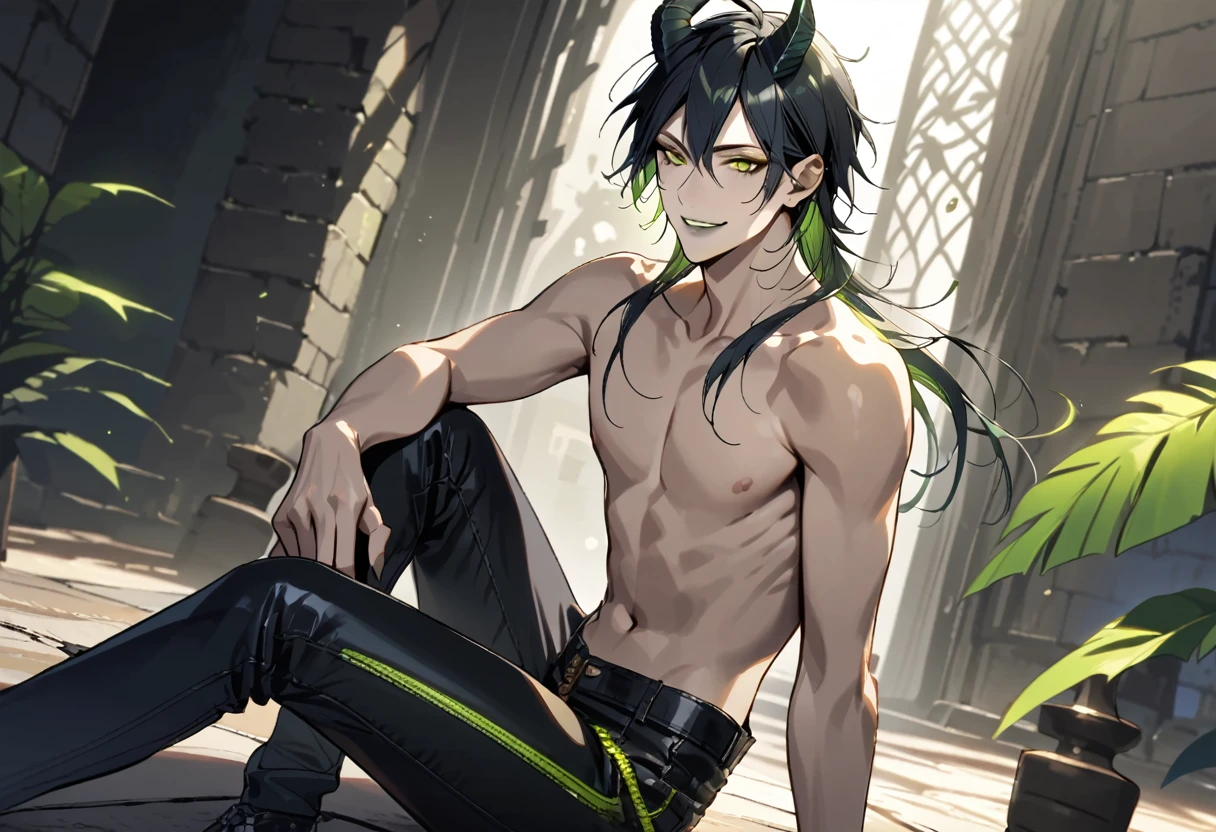 masterpiece, highres, absurdres, illustration, 1boy, sitting on floor, topless, black leather jacket, jeans, dynamic angle, malleus draconia (twisted wonderland) horns, bishounen, boy, male, yana Toboso style, long hair, black hair, yellow green eyes, smile, gray lips, handsome, skinny, tall, yellow green glow,